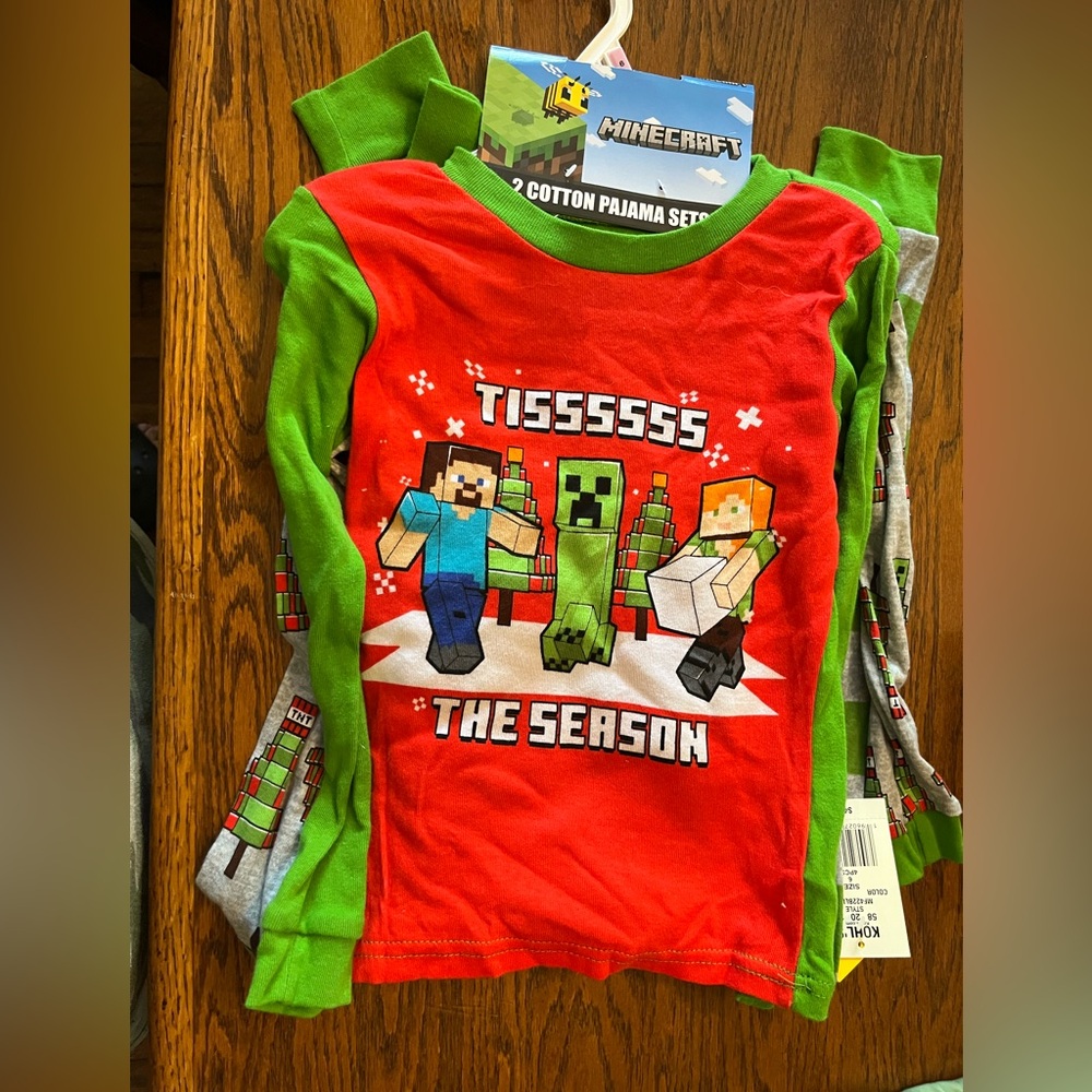 TWO pair of Minecraft Kids Pajama/Red and Green